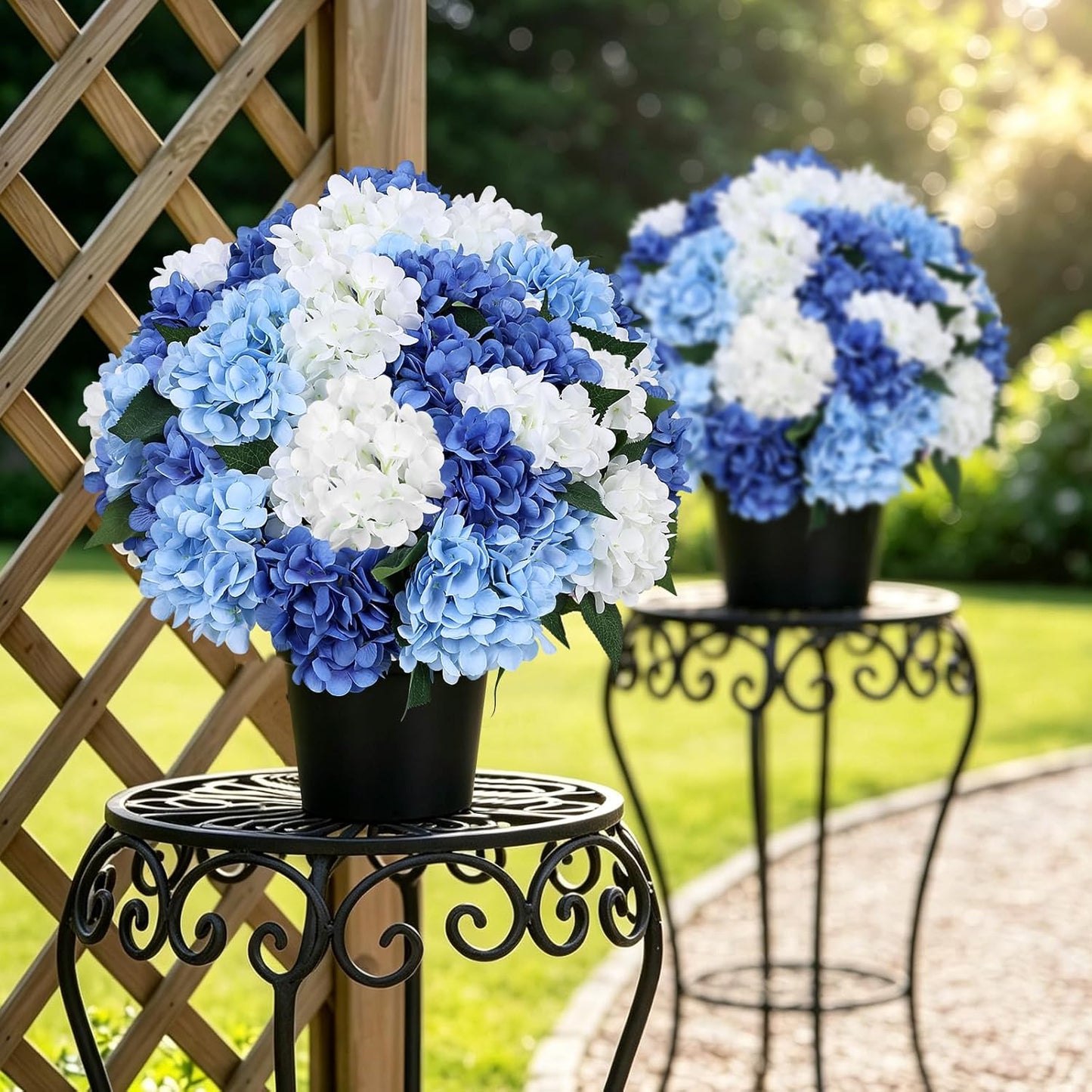 2 Pack Potted Artificial Flowers for Outdoors - Mixed Green | 16 Inch Pre-Assembly Fake Potted Silk Hydrangeas, UV Resistant, Potted Plant for Outside Home Front Door Patio Balcony Decor