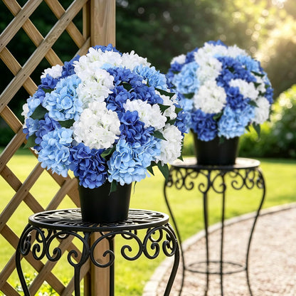 2 Pack Potted Artificial Flowers for Outdoors - Mixed Green | 16 Inch Pre-Assembly Fake Potted Silk Hydrangeas, UV Resistant, Potted Plant for Outside Home Front Door Patio Balcony Decor