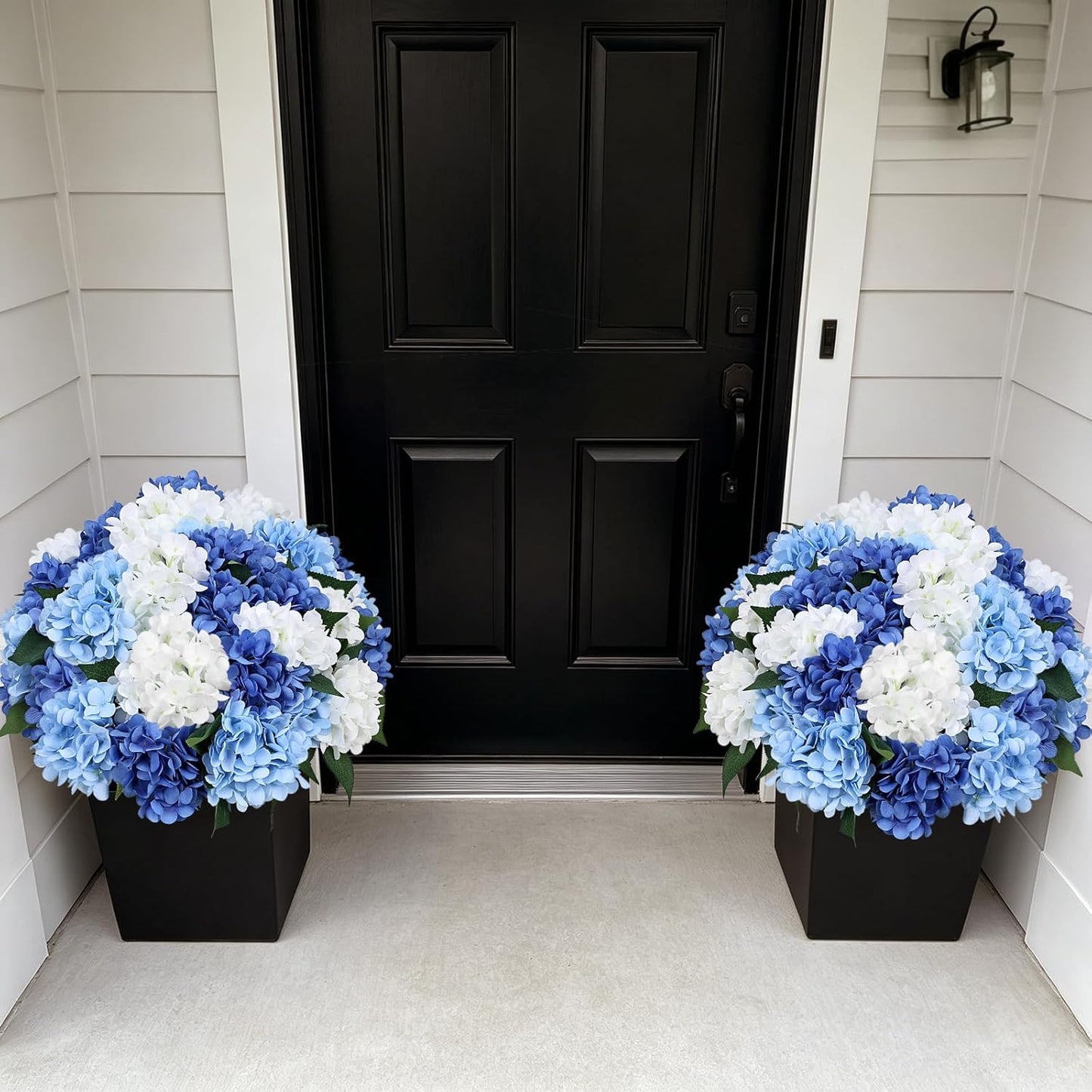 2 Pack Potted Artificial Flowers for Outdoors - Mixed Green | 16 Inch Pre-Assembly Fake Potted Silk Hydrangeas, UV Resistant, Potted Plant for Outside Home Front Door Patio Balcony Decor