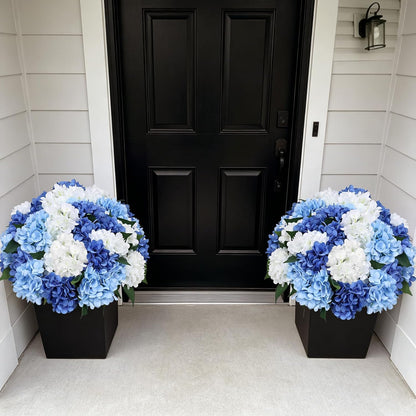 2 Pack Potted Artificial Flowers for Outdoors - Mixed Green | 16 Inch Pre-Assembly Fake Potted Silk Hydrangeas, UV Resistant, Potted Plant for Outside Home Front Door Patio Balcony Decor