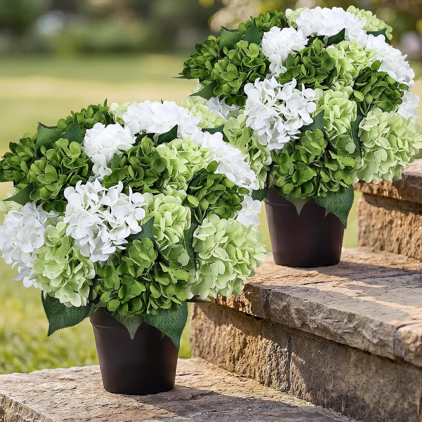 2 Pack Potted Artificial Flowers for Outdoors - Mixed Green | 16 Inch Pre-Assembly Fake Potted Silk Hydrangeas, UV Resistant, Potted Plant for Outside Home Front Door Patio Balcony Decor