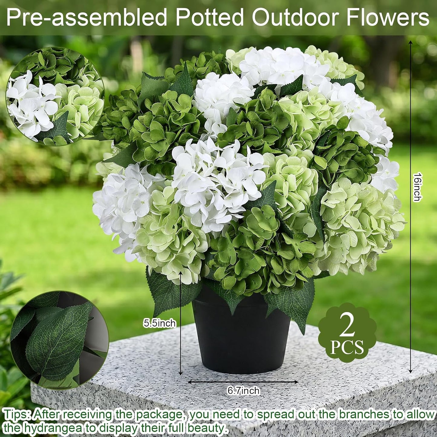 2 Pack Potted Artificial Flowers for Outdoors - Mixed Green | 16 Inch Pre-Assembly Fake Potted Silk Hydrangeas, UV Resistant, Potted Plant for Outside Home Front Door Patio Balcony Decor