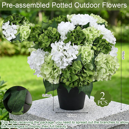 2 Pack Potted Artificial Flowers for Outdoors - Mixed Green | 16 Inch Pre-Assembly Fake Potted Silk Hydrangeas, UV Resistant, Potted Plant for Outside Home Front Door Patio Balcony Decor