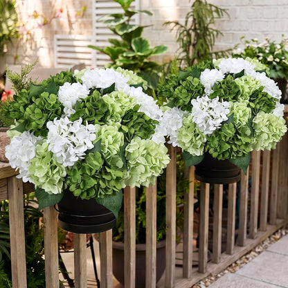 2 Pack Potted Artificial Flowers for Outdoors - Mixed Green | 16 Inch Pre-Assembly Fake Potted Silk Hydrangeas, UV Resistant, Potted Plant for Outside Home Front Door Patio Balcony Decor