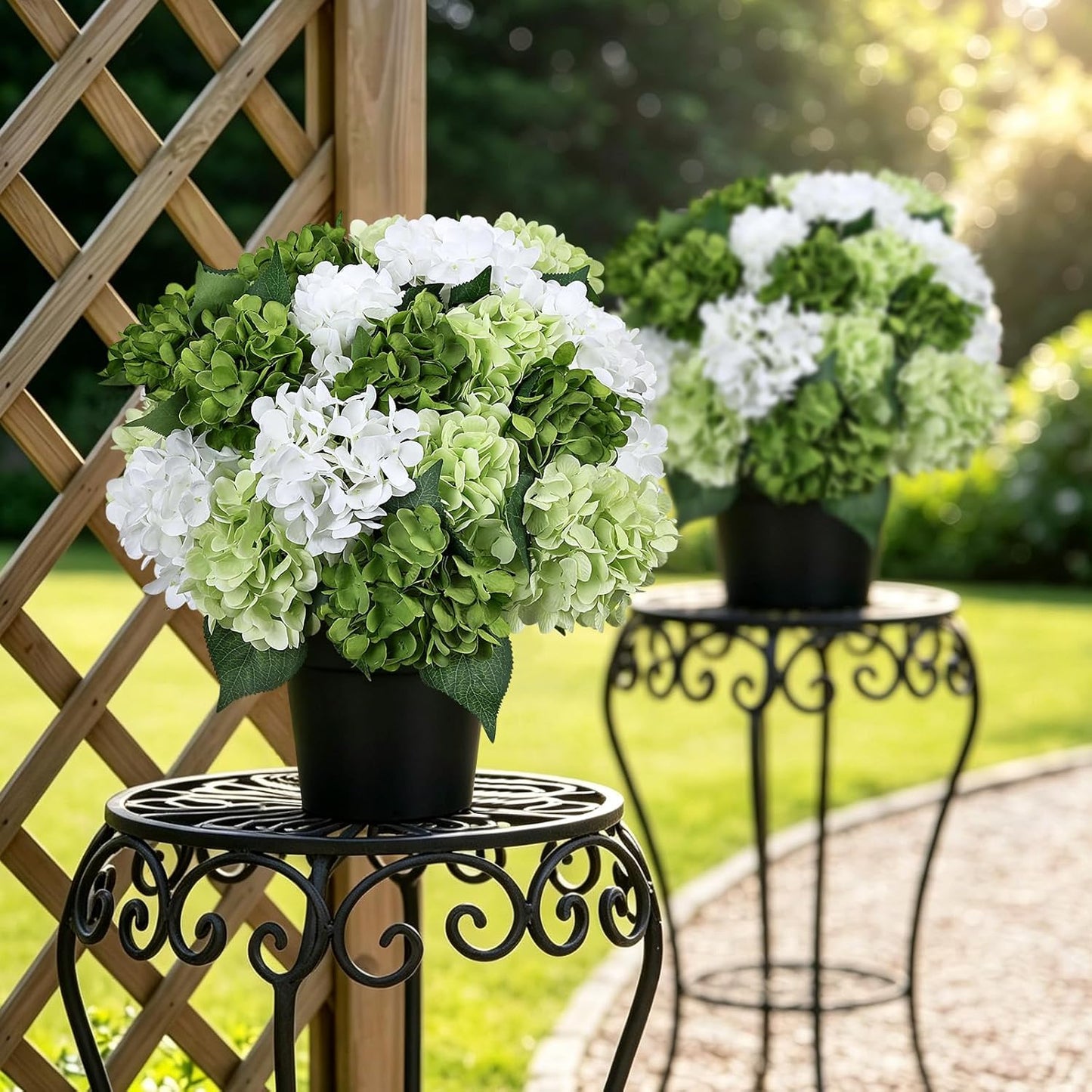 2 Pack Potted Artificial Flowers for Outdoors - Mixed Green | 16 Inch Pre-Assembly Fake Potted Silk Hydrangeas, UV Resistant, Potted Plant for Outside Home Front Door Patio Balcony Decor