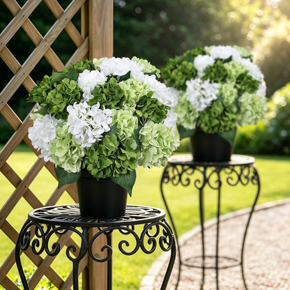 2 Pack Potted Artificial Flowers for Outdoors - Mixed Green | 16 Inch Pre-Assembly Fake Potted Silk Hydrangeas, UV Resistant, Potted Plant for Outside Home Front Door Patio Balcony Decor