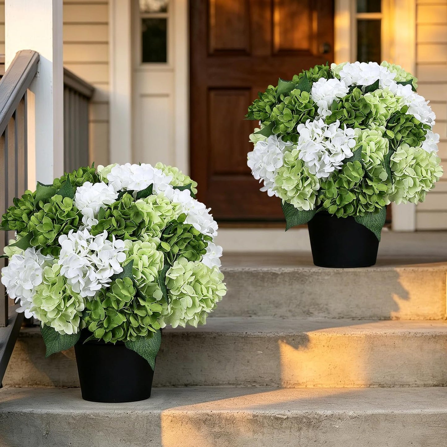 2 Pack Potted Artificial Flowers for Outdoors - Mixed Green | 16 Inch Pre-Assembly Fake Potted Silk Hydrangeas, UV Resistant, Potted Plant for Outside Home Front Door Patio Balcony Decor