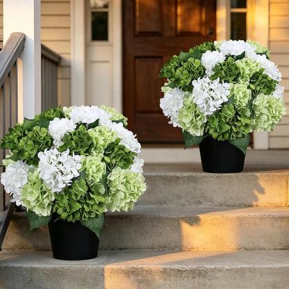 2 Pack Potted Artificial Flowers for Outdoors - Mixed Green | 16 Inch Pre-Assembly Fake Potted Silk Hydrangeas, UV Resistant, Potted Plant for Outside Home Front Door Patio Balcony Decor