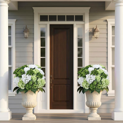 2 Pack Potted Artificial Flowers for Outdoors - Mixed Green | 16 Inch Pre-Assembly Fake Potted Silk Hydrangeas, UV Resistant, Potted Plant for Outside Home Front Door Patio Balcony Decor