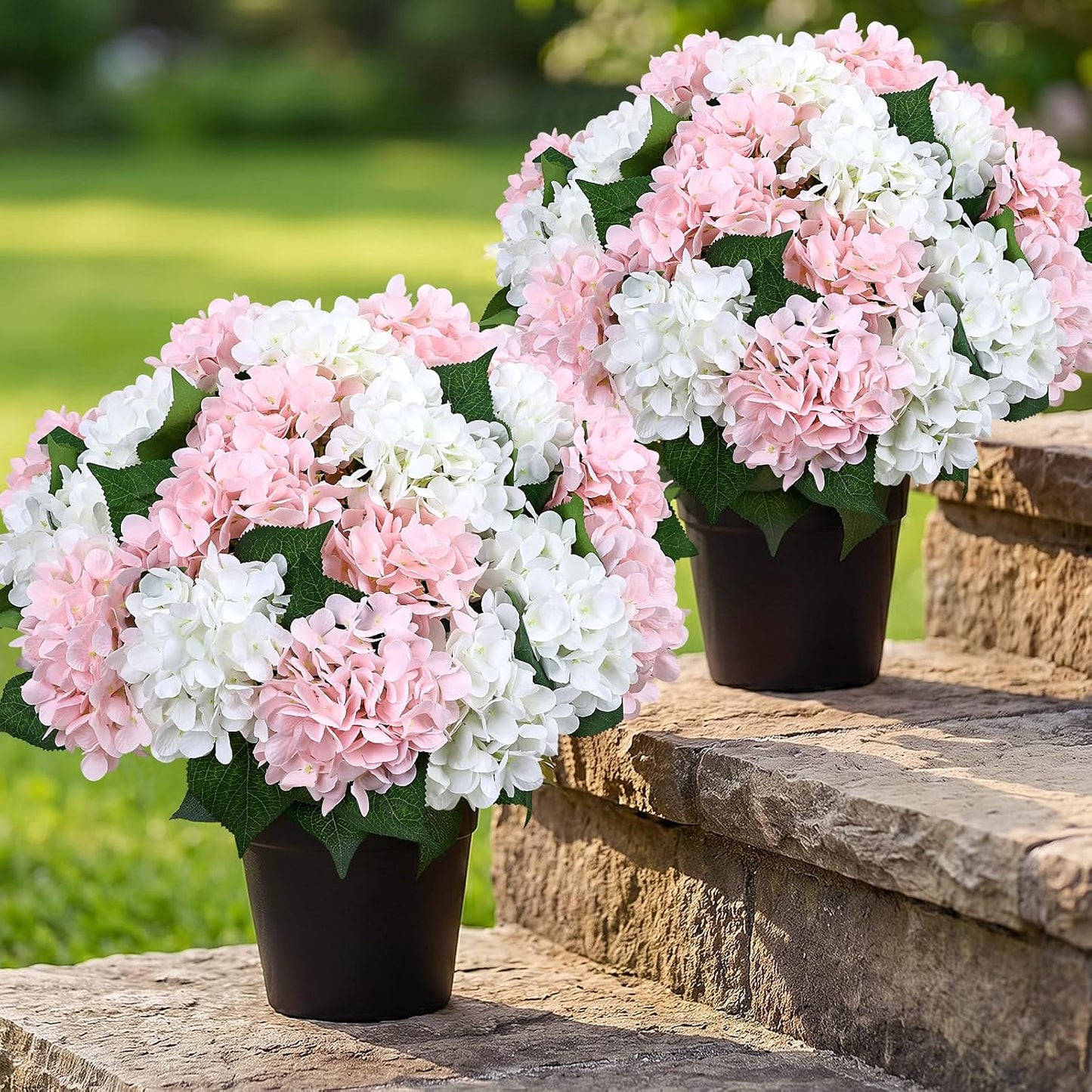 2 Pack Potted Artificial Flowers for Outdoors - Mixed Green | 16 Inch Pre-Assembly Fake Potted Silk Hydrangeas, UV Resistant, Potted Plant for Outside Home Front Door Patio Balcony Decor