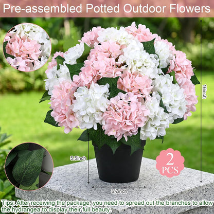 2 Pack Potted Artificial Flowers for Outdoors - Mixed Green | 16 Inch Pre-Assembly Fake Potted Silk Hydrangeas, UV Resistant, Potted Plant for Outside Home Front Door Patio Balcony Decor