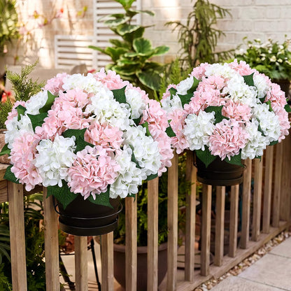2 Pack Potted Artificial Flowers for Outdoors - Mixed Green | 16 Inch Pre-Assembly Fake Potted Silk Hydrangeas, UV Resistant, Potted Plant for Outside Home Front Door Patio Balcony Decor