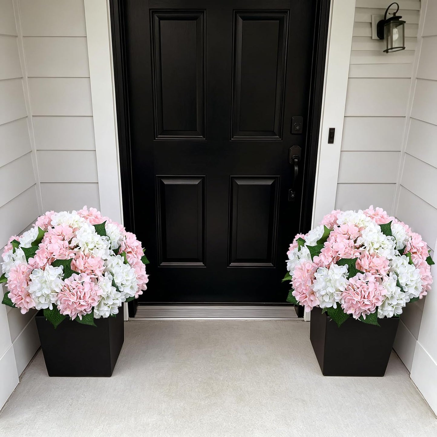 2 Pack Potted Artificial Flowers for Outdoors - Mixed Green | 16 Inch Pre-Assembly Fake Potted Silk Hydrangeas, UV Resistant, Potted Plant for Outside Home Front Door Patio Balcony Decor