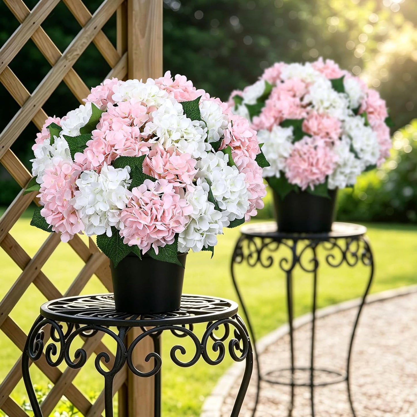 2 Pack Potted Artificial Flowers for Outdoors - Mixed Green | 16 Inch Pre-Assembly Fake Potted Silk Hydrangeas, UV Resistant, Potted Plant for Outside Home Front Door Patio Balcony Decor