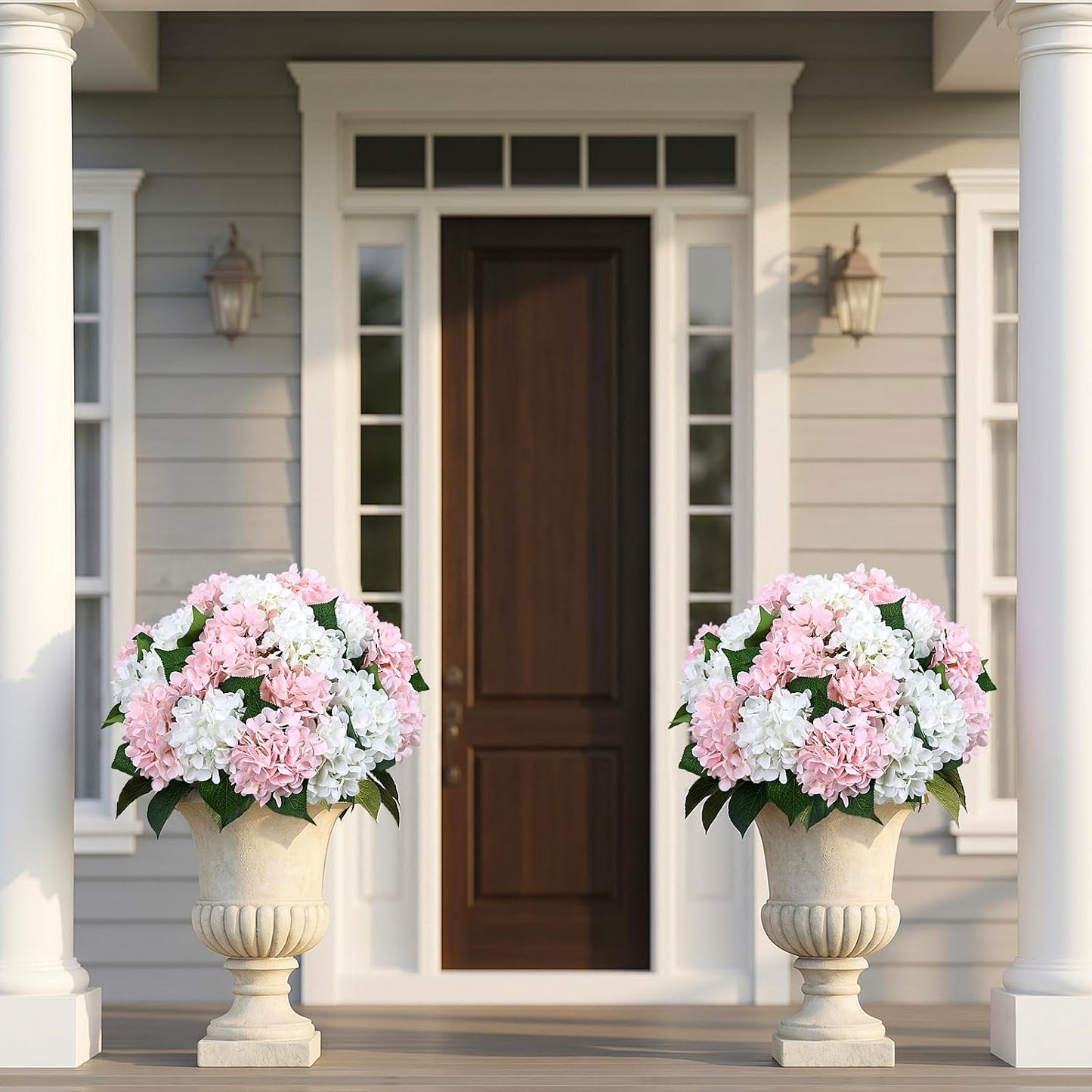 2 Pack Potted Artificial Flowers for Outdoors - Mixed Green | 16 Inch Pre-Assembly Fake Potted Silk Hydrangeas, UV Resistant, Potted Plant for Outside Home Front Door Patio Balcony Decor