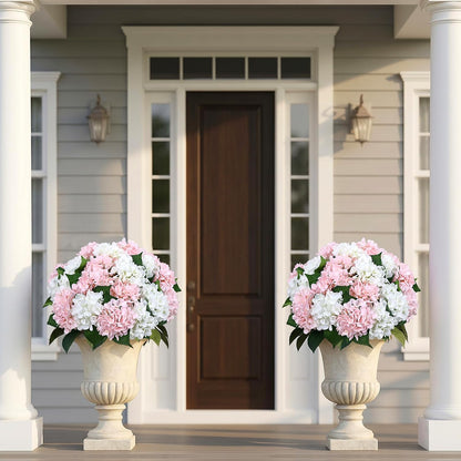 2 Pack Potted Artificial Flowers for Outdoors - Mixed Green | 16 Inch Pre-Assembly Fake Potted Silk Hydrangeas, UV Resistant, Potted Plant for Outside Home Front Door Patio Balcony Decor