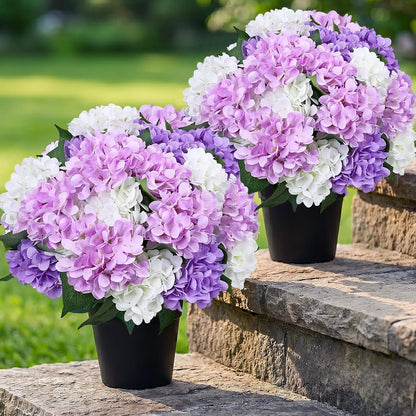 2 Pack Potted Artificial Flowers for Outdoors - Mixed Green | 16 Inch Pre-Assembly Fake Potted Silk Hydrangeas, UV Resistant, Potted Plant for Outside Home Front Door Patio Balcony Decor