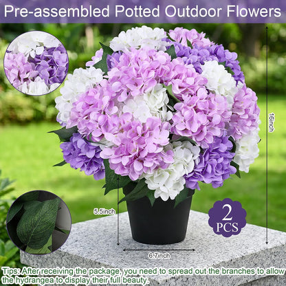 2 Pack Potted Artificial Flowers for Outdoors - Mixed Green | 16 Inch Pre-Assembly Fake Potted Silk Hydrangeas, UV Resistant, Potted Plant for Outside Home Front Door Patio Balcony Decor