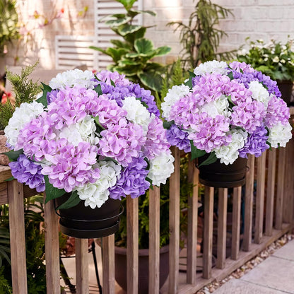 2 Pack Potted Artificial Flowers for Outdoors - Mixed Green | 16 Inch Pre-Assembly Fake Potted Silk Hydrangeas, UV Resistant, Potted Plant for Outside Home Front Door Patio Balcony Decor