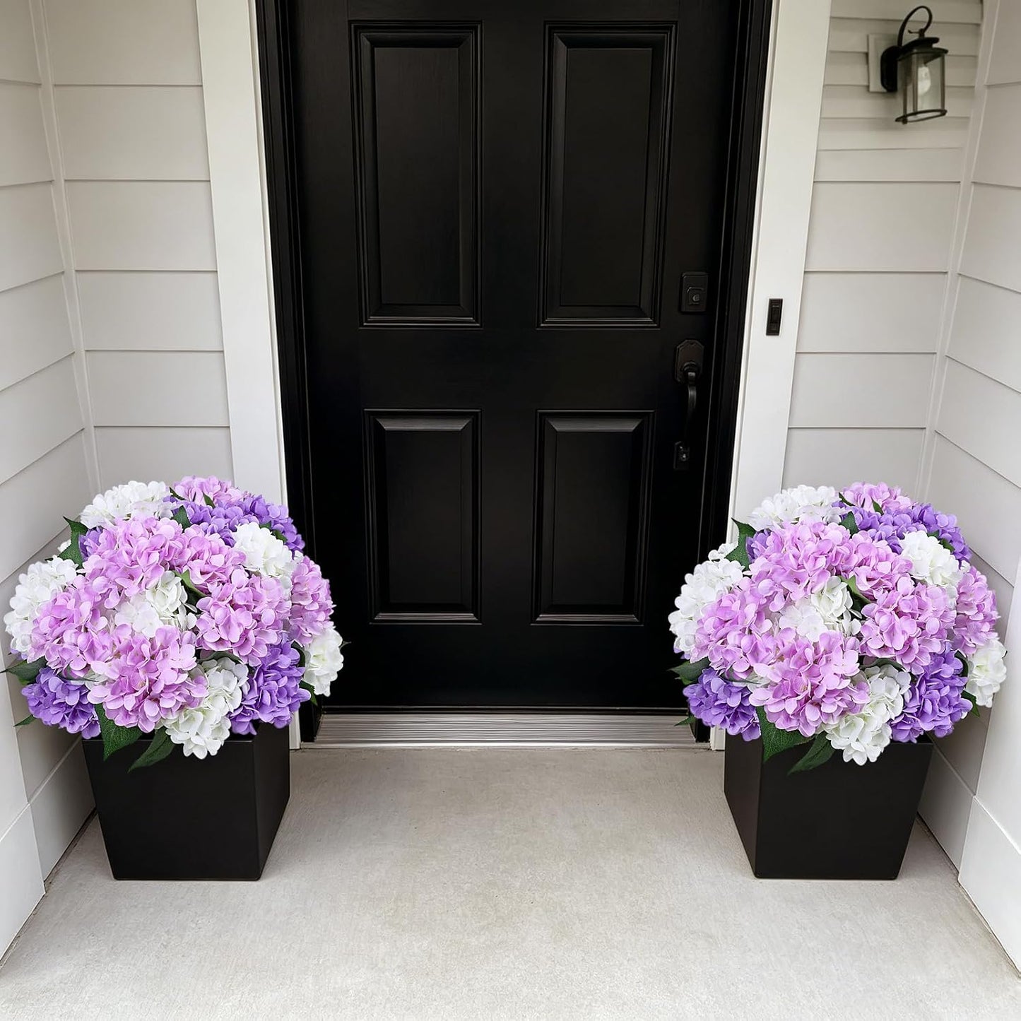 2 Pack Potted Artificial Flowers for Outdoors - Mixed Green | 16 Inch Pre-Assembly Fake Potted Silk Hydrangeas, UV Resistant, Potted Plant for Outside Home Front Door Patio Balcony Decor