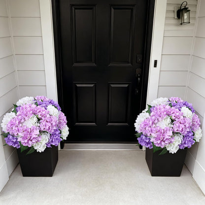 2 Pack Potted Artificial Flowers for Outdoors - Mixed Green | 16 Inch Pre-Assembly Fake Potted Silk Hydrangeas, UV Resistant, Potted Plant for Outside Home Front Door Patio Balcony Decor
