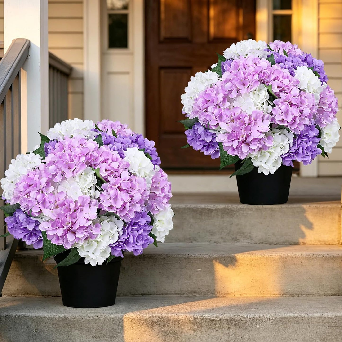 2 Pack Potted Artificial Flowers for Outdoors - Mixed Green | 16 Inch Pre-Assembly Fake Potted Silk Hydrangeas, UV Resistant, Potted Plant for Outside Home Front Door Patio Balcony Decor