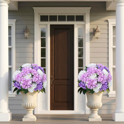 2 Pack Potted Artificial Flowers for Outdoors - Mixed Green | 16 Inch Pre-Assembly Fake Potted Silk Hydrangeas, UV Resistant, Potted Plant for Outside Home Front Door Patio Balcony Decor