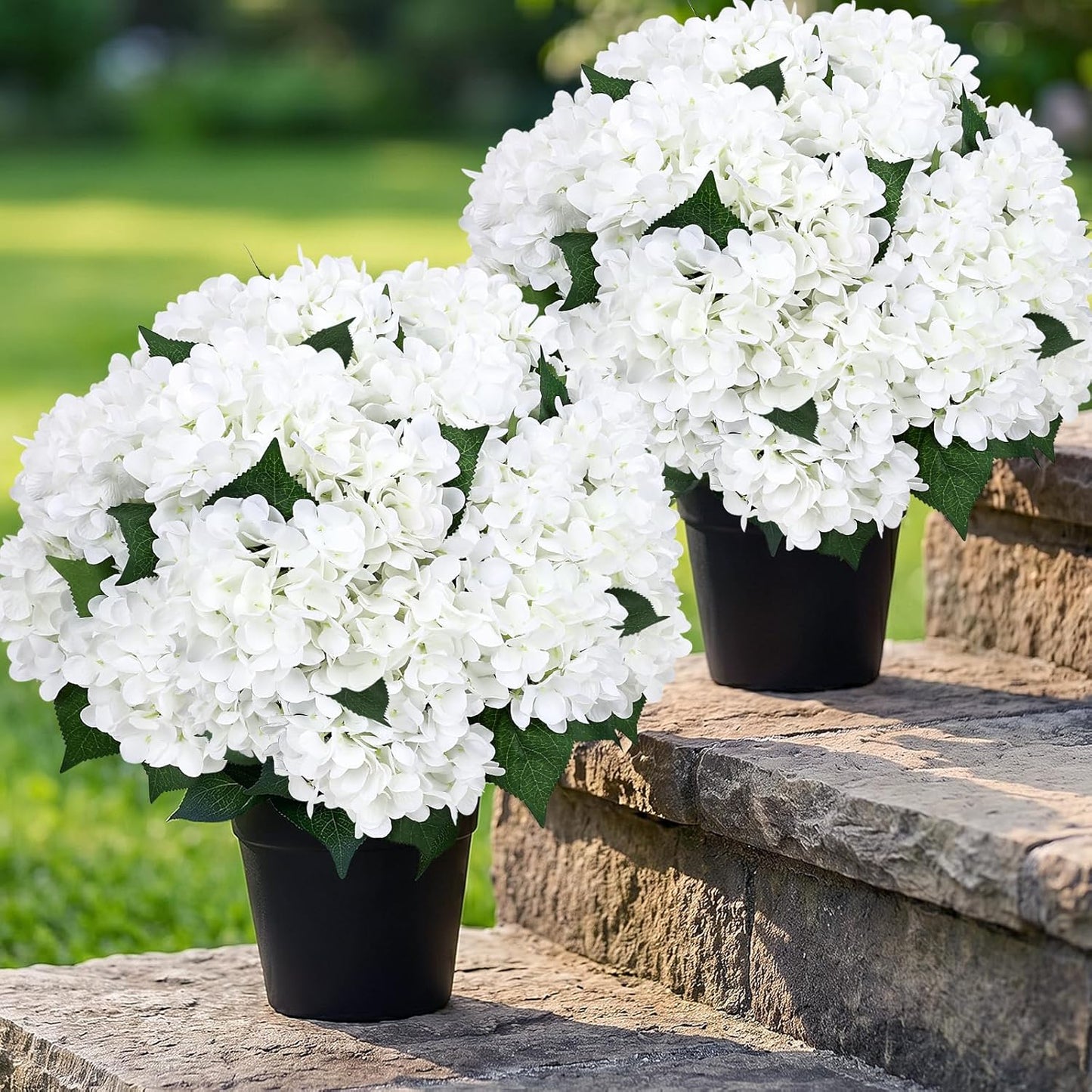 2 Pack Potted Artificial Flowers for Outdoors - Mixed Green | 16 Inch Pre-Assembly Fake Potted Silk Hydrangeas, UV Resistant, Potted Plant for Outside Home Front Door Patio Balcony Decor