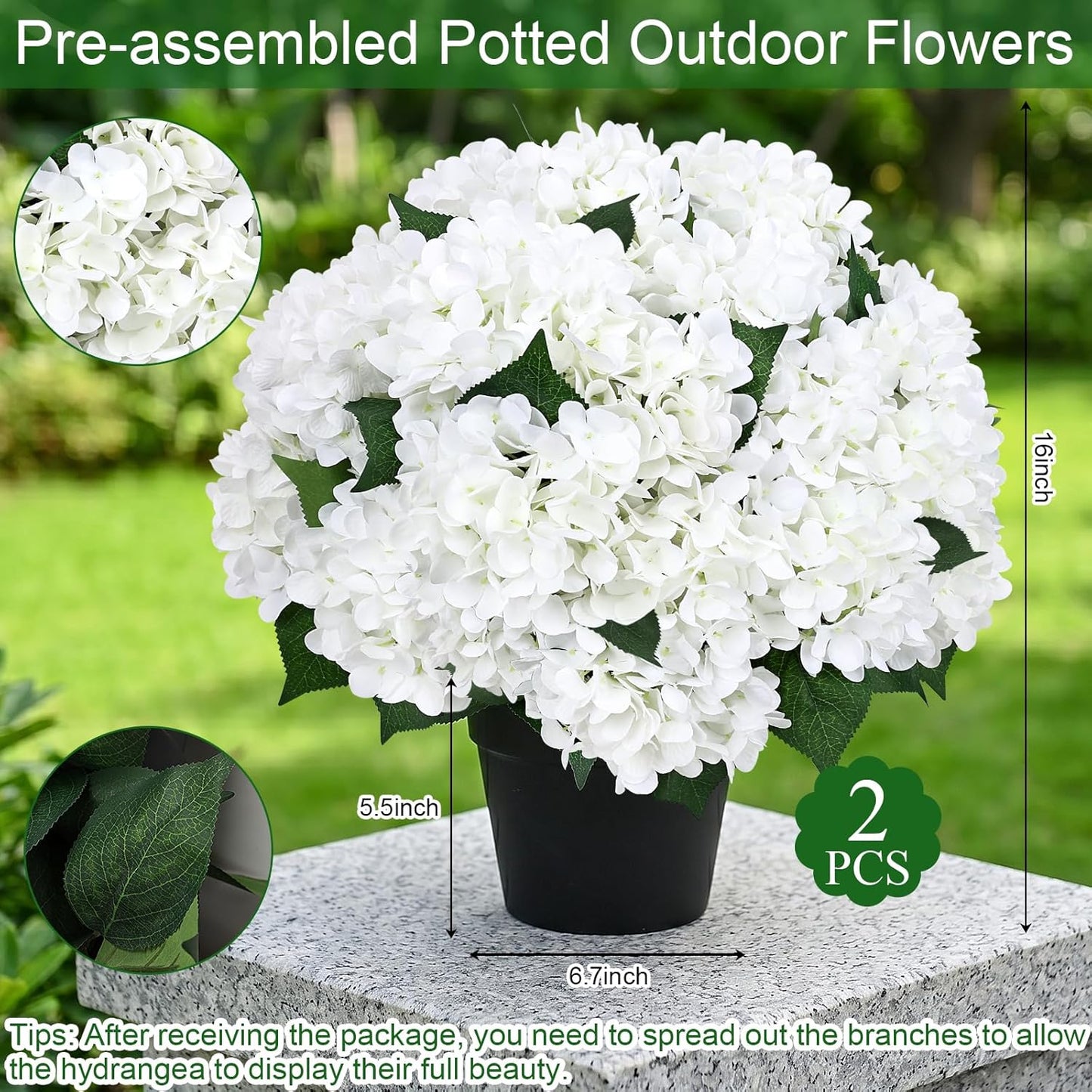 2 Pack Potted Artificial Flowers for Outdoors - Mixed Green | 16 Inch Pre-Assembly Fake Potted Silk Hydrangeas, UV Resistant, Potted Plant for Outside Home Front Door Patio Balcony Decor