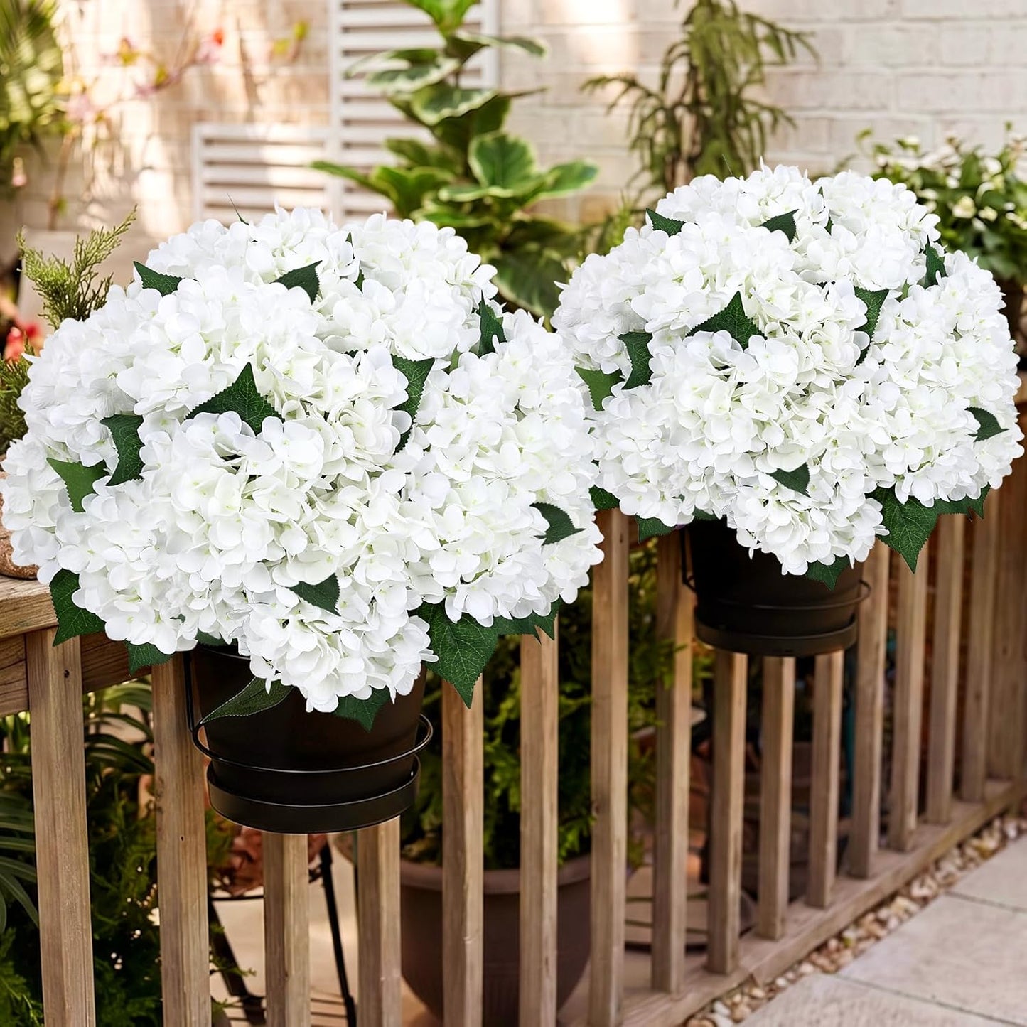 2 Pack Potted Artificial Flowers for Outdoors - Mixed Green | 16 Inch Pre-Assembly Fake Potted Silk Hydrangeas, UV Resistant, Potted Plant for Outside Home Front Door Patio Balcony Decor