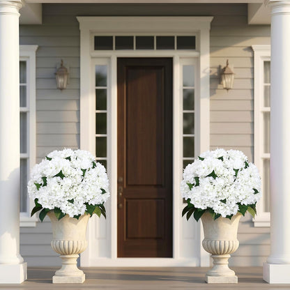 2 Pack Potted Artificial Flowers for Outdoors - Mixed Green | 16 Inch Pre-Assembly Fake Potted Silk Hydrangeas, UV Resistant, Potted Plant for Outside Home Front Door Patio Balcony Decor