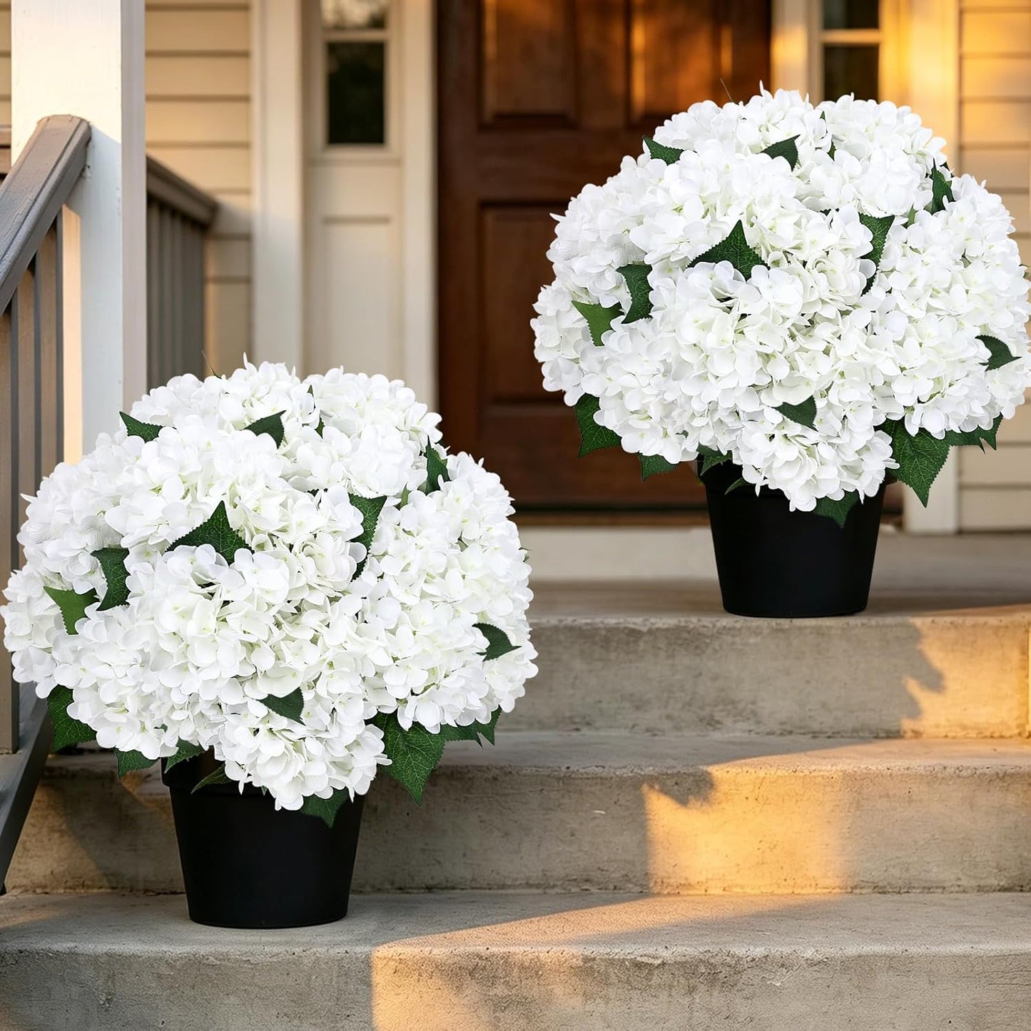 2 Pack Potted Artificial Flowers for Outdoors - Mixed Green | 16 Inch Pre-Assembly Fake Potted Silk Hydrangeas, UV Resistant, Potted Plant for Outside Home Front Door Patio Balcony Decor