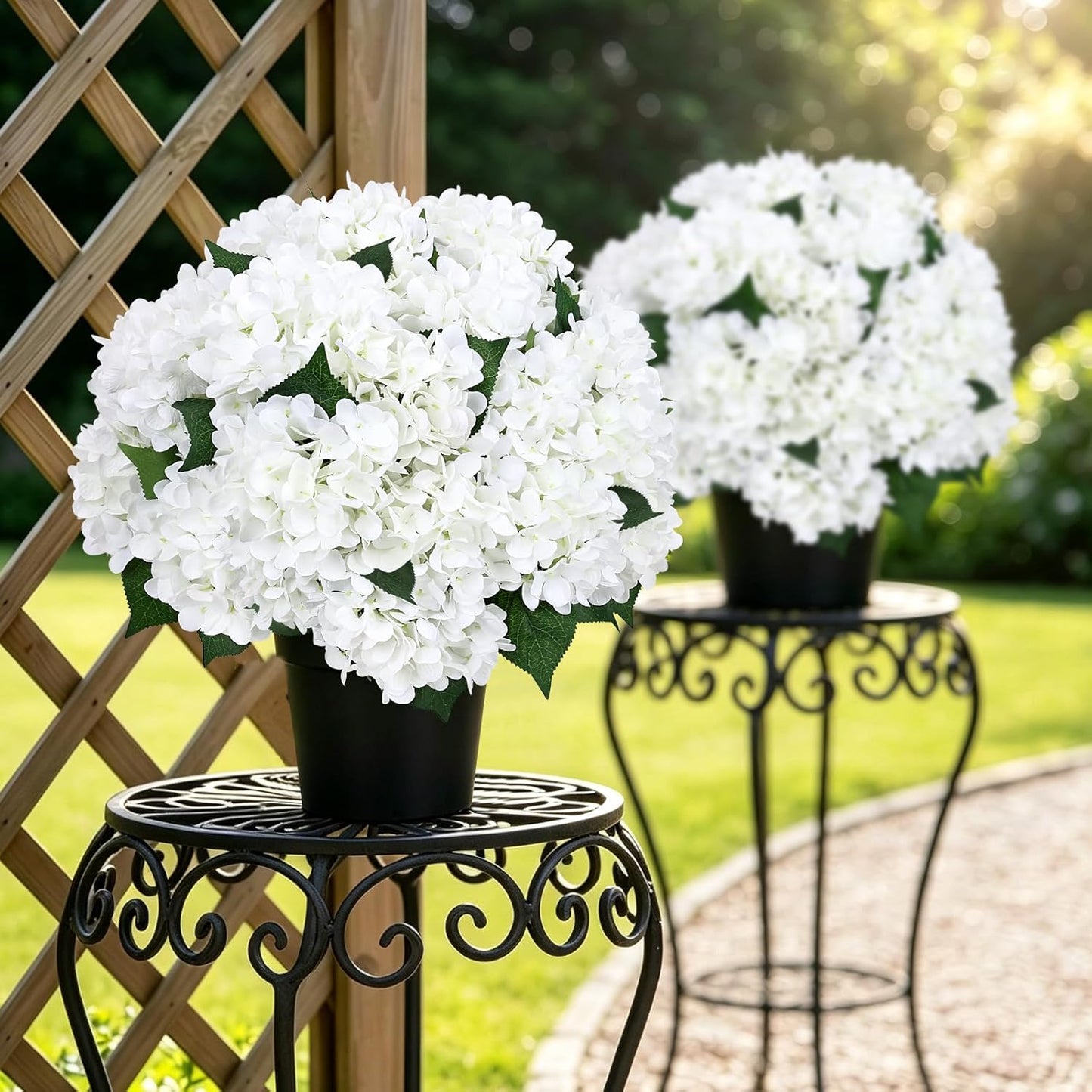2 Pack Potted Artificial Flowers for Outdoors - Mixed Green | 16 Inch Pre-Assembly Fake Potted Silk Hydrangeas, UV Resistant, Potted Plant for Outside Home Front Door Patio Balcony Decor