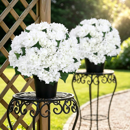 2 Pack Potted Artificial Flowers for Outdoors - Mixed Green | 16 Inch Pre-Assembly Fake Potted Silk Hydrangeas, UV Resistant, Potted Plant for Outside Home Front Door Patio Balcony Decor