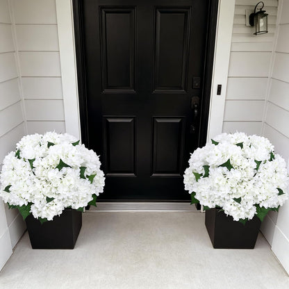 2 Pack Potted Artificial Flowers for Outdoors - Mixed Green | 16 Inch Pre-Assembly Fake Potted Silk Hydrangeas, UV Resistant, Potted Plant for Outside Home Front Door Patio Balcony Decor