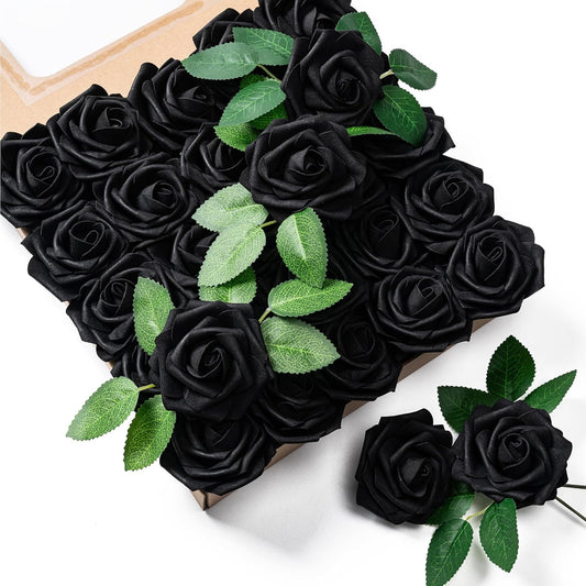 Artificial Flowers 25pcs Foam Fake Roses with Stems for DIY Wedding Bouquets Bridal Shower Centerpieces Arrangements Party Tables Valentines Day Decorations Christmas Tree （Ivory）