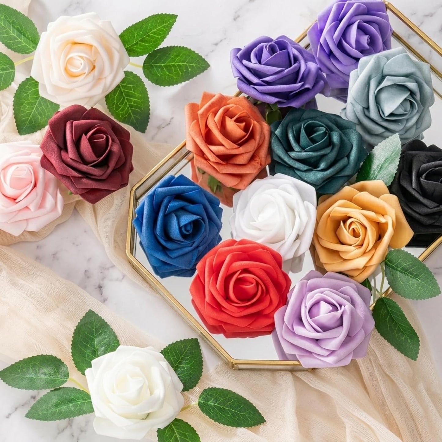 Artificial Flowers 25pcs Foam Fake Roses with Stems for DIY Wedding Bouquets Bridal Shower Centerpieces Arrangements Party Tables Valentines Day Decorations Christmas Tree （Ivory）