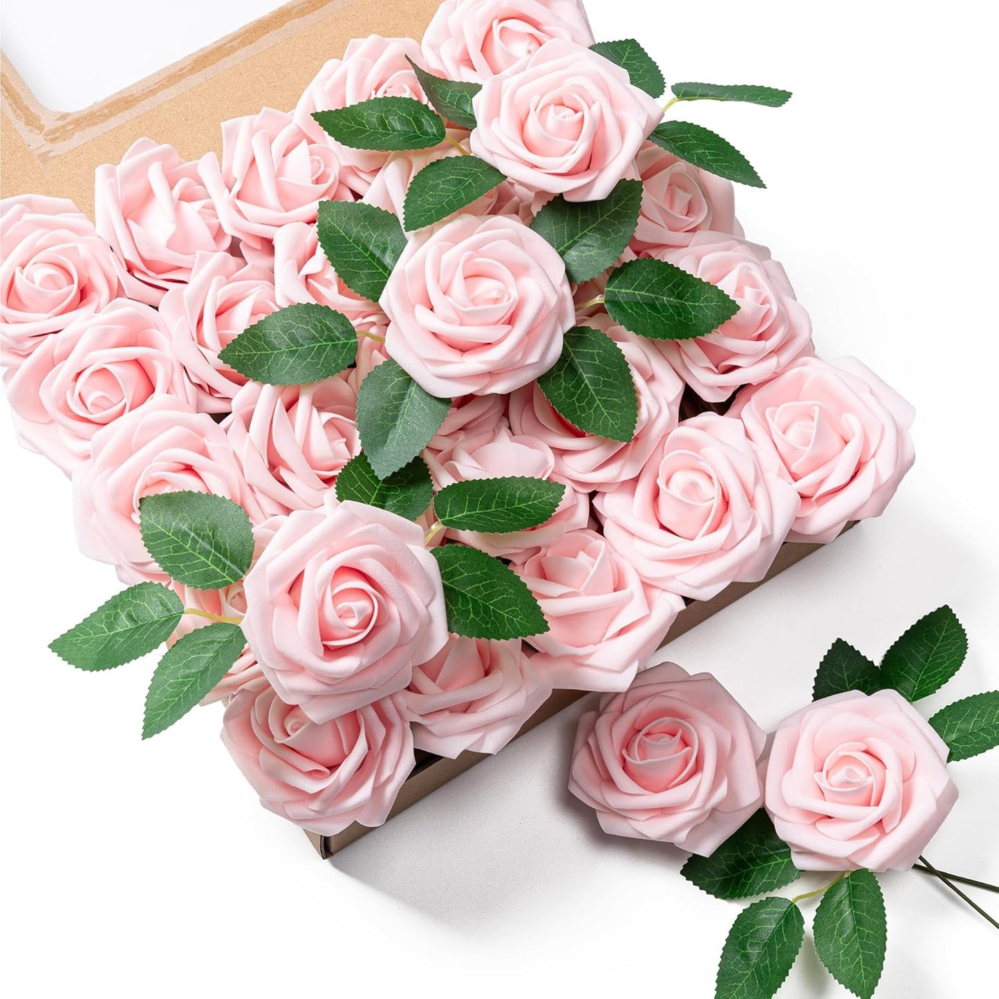 Artificial Flowers 25pcs Foam Fake Roses with Stems for DIY Wedding Bouquets Bridal Shower Centerpieces Arrangements Party Tables Valentines Day Decorations Christmas Tree （Ivory）
