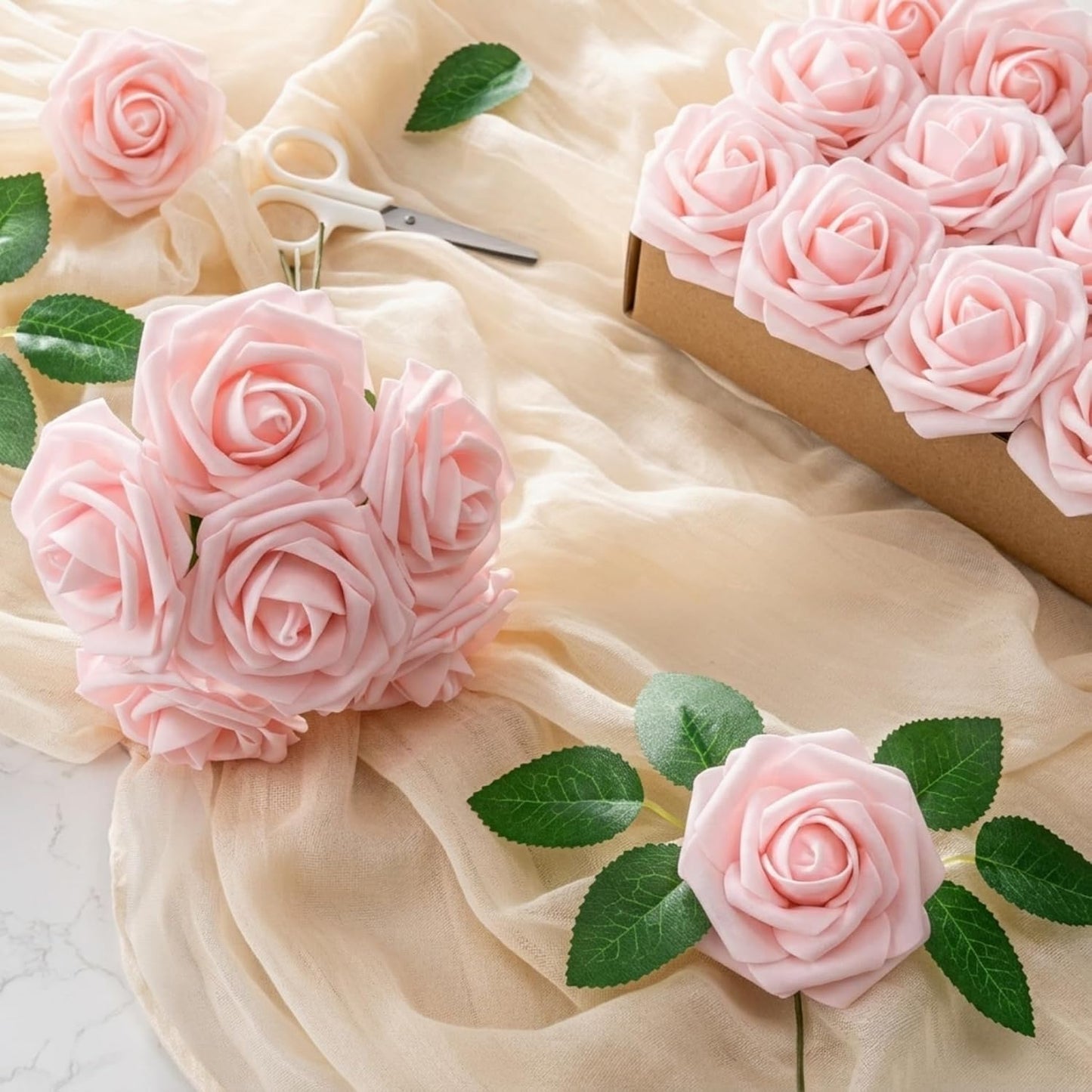 Artificial Flowers 25pcs Foam Fake Roses with Stems for DIY Wedding Bouquets Bridal Shower Centerpieces Arrangements Party Tables Valentines Day Decorations Christmas Tree （Ivory）