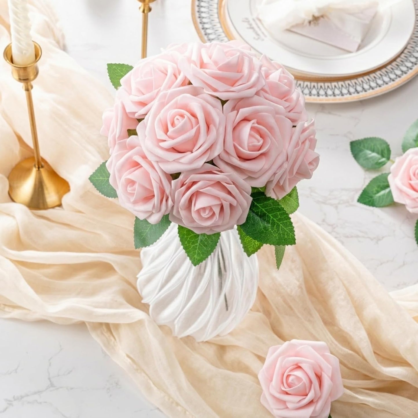 Artificial Flowers 25pcs Foam Fake Roses with Stems for DIY Wedding Bouquets Bridal Shower Centerpieces Arrangements Party Tables Valentines Day Decorations Christmas Tree （Ivory）