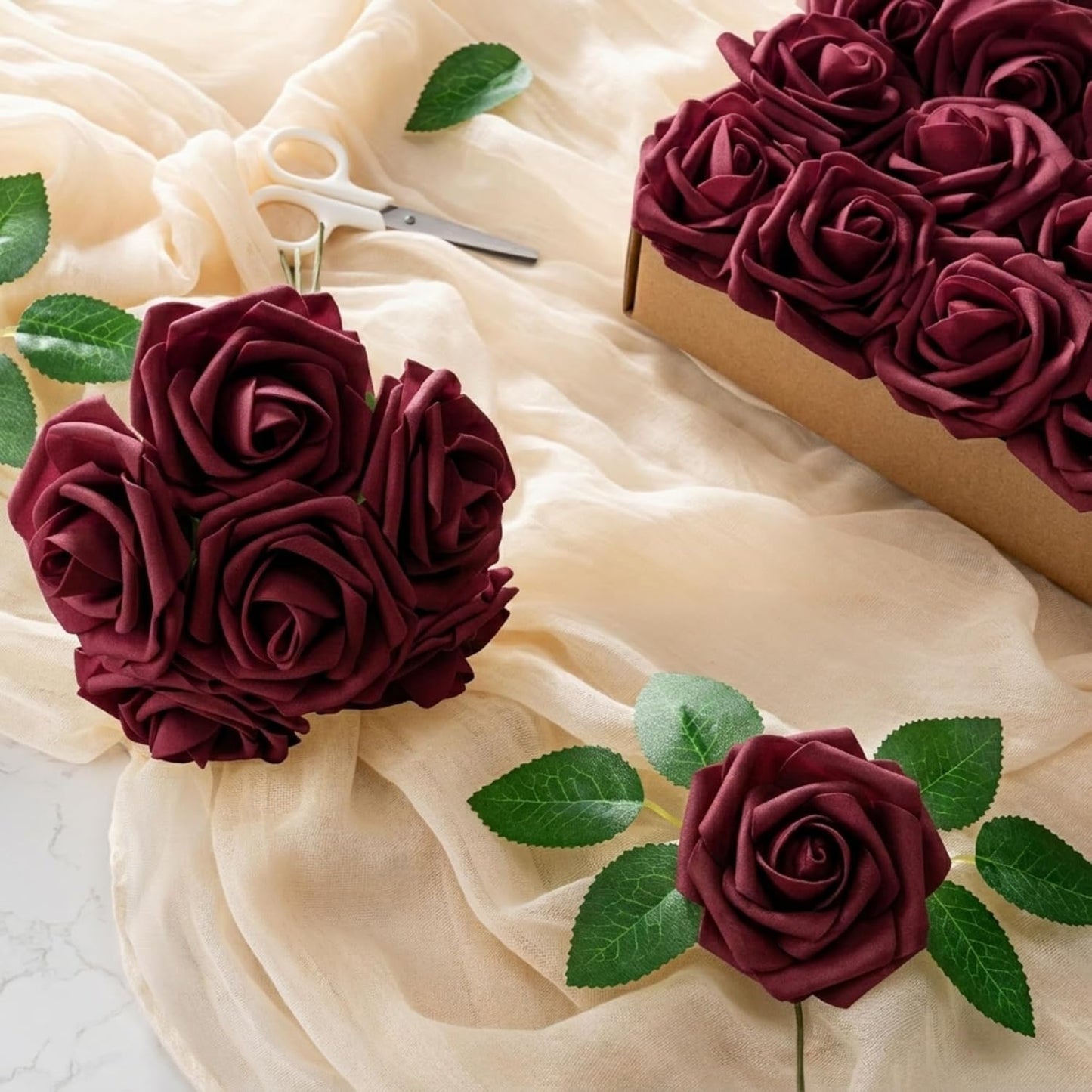 Artificial Flowers 25pcs Foam Fake Roses with Stems for DIY Wedding Bouquets Bridal Shower Centerpieces Arrangements Party Tables Valentines Day Decorations Christmas Tree （Ivory）
