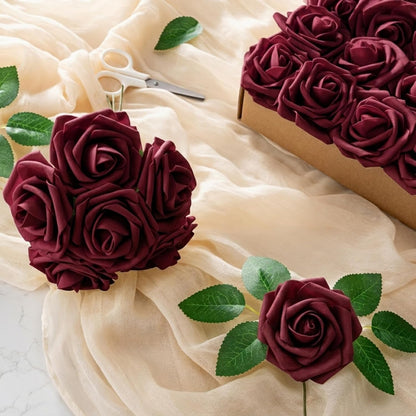 Artificial Flowers 25pcs Foam Fake Roses with Stems for DIY Wedding Bouquets Bridal Shower Centerpieces Arrangements Party Tables Valentines Day Decorations Christmas Tree （Ivory）