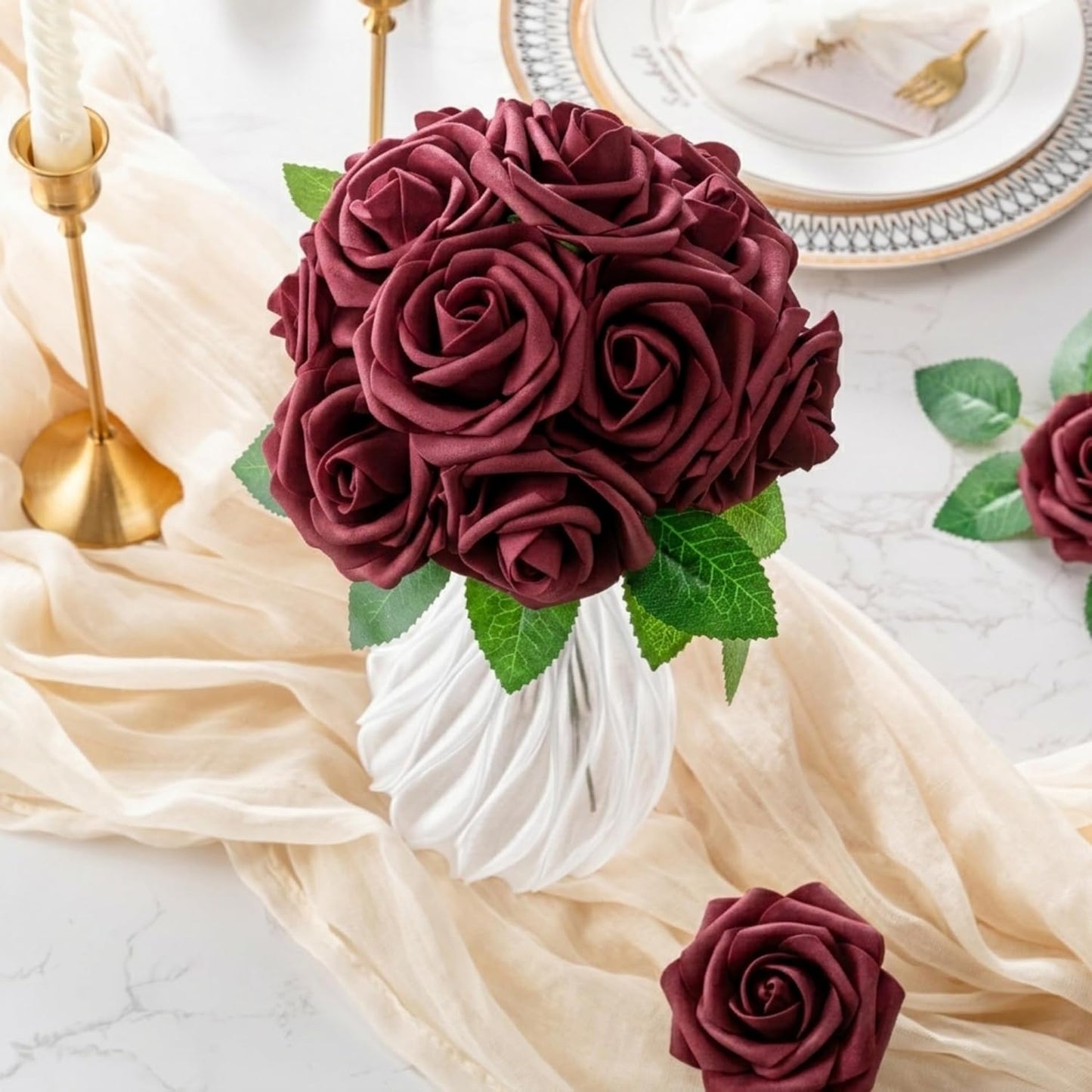 Artificial Flowers 25pcs Foam Fake Roses with Stems for DIY Wedding Bouquets Bridal Shower Centerpieces Arrangements Party Tables Valentines Day Decorations Christmas Tree （Ivory）