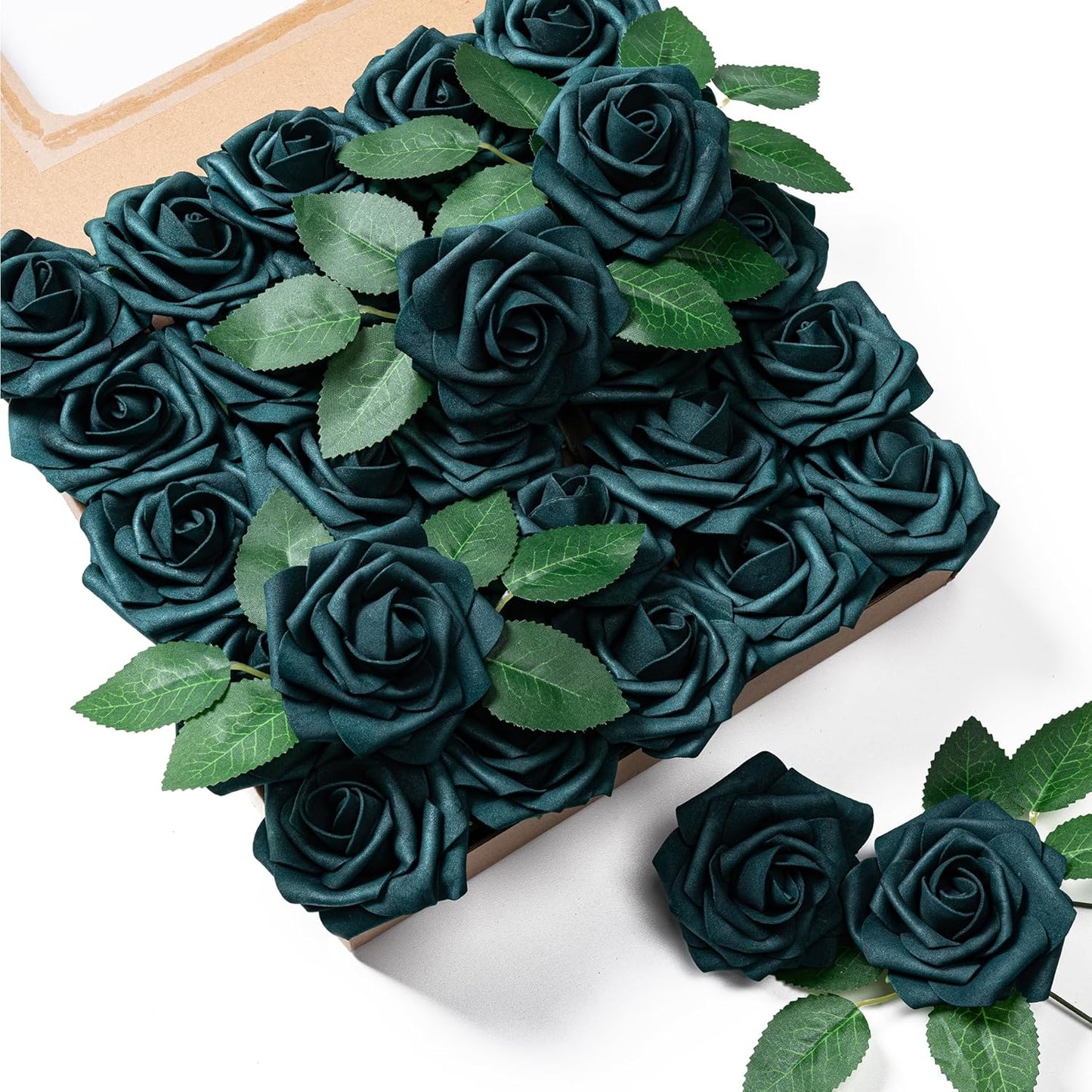 Artificial Flowers 25pcs Foam Fake Roses with Stems for DIY Wedding Bouquets Bridal Shower Centerpieces Arrangements Party Tables Valentines Day Decorations Christmas Tree （Ivory）