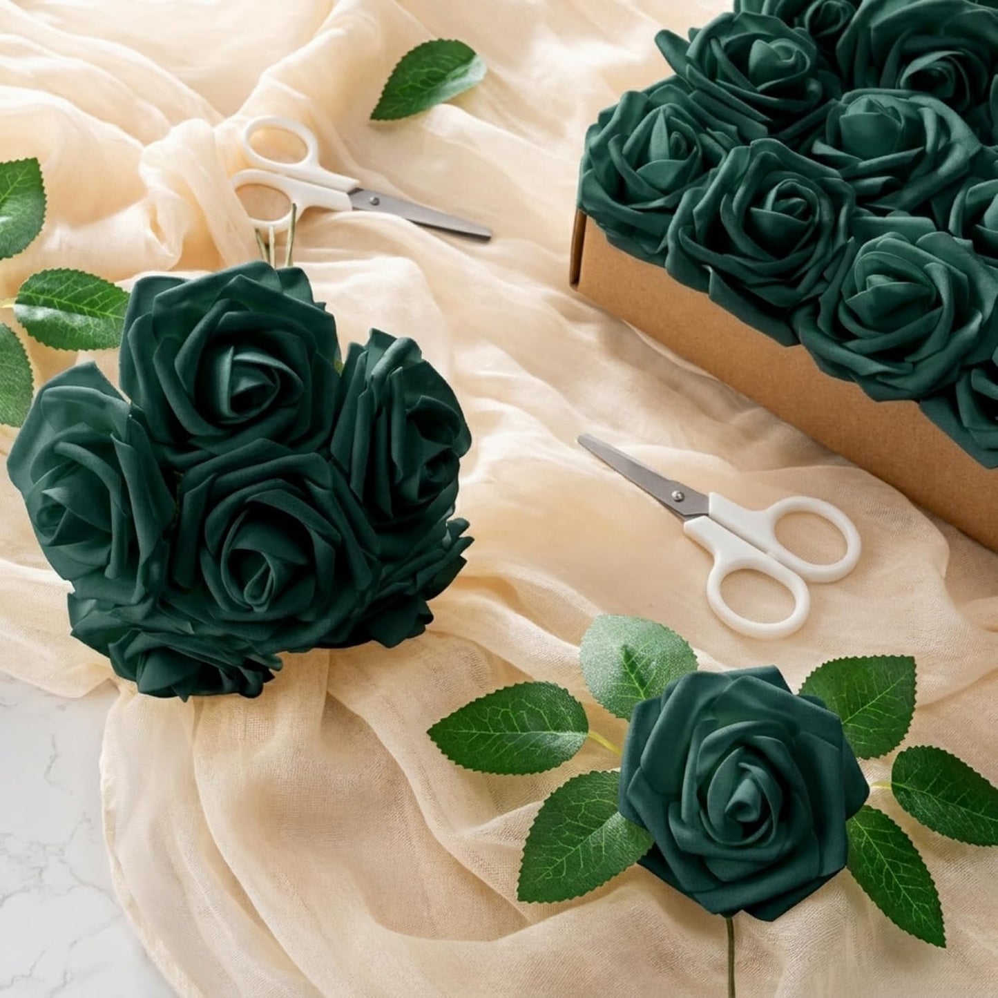 Artificial Flowers 25pcs Foam Fake Roses with Stems for DIY Wedding Bouquets Bridal Shower Centerpieces Arrangements Party Tables Valentines Day Decorations Christmas Tree （Ivory）