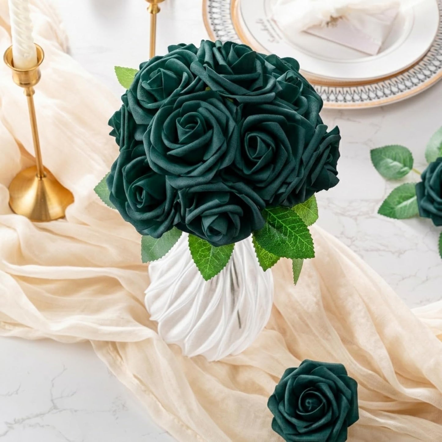 Artificial Flowers 25pcs Foam Fake Roses with Stems for DIY Wedding Bouquets Bridal Shower Centerpieces Arrangements Party Tables Valentines Day Decorations Christmas Tree （Ivory）