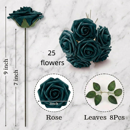 Artificial Flowers 25pcs Foam Fake Roses with Stems for DIY Wedding Bouquets Bridal Shower Centerpieces Arrangements Party Tables Valentines Day Decorations Christmas Tree （Ivory）