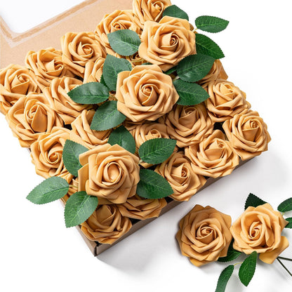 Artificial Flowers 25pcs Foam Fake Roses with Stems for DIY Wedding Bouquets Bridal Shower Centerpieces Arrangements Party Tables Valentines Day Decorations Christmas Tree （Ivory）