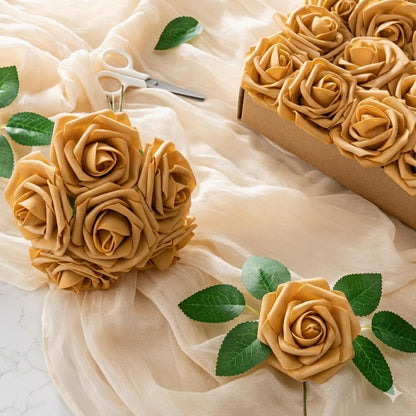Artificial Flowers 25pcs Foam Fake Roses with Stems for DIY Wedding Bouquets Bridal Shower Centerpieces Arrangements Party Tables Valentines Day Decorations Christmas Tree （Ivory）