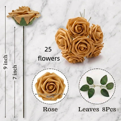 Artificial Flowers 25pcs Foam Fake Roses with Stems for DIY Wedding Bouquets Bridal Shower Centerpieces Arrangements Party Tables Valentines Day Decorations Christmas Tree （Ivory）